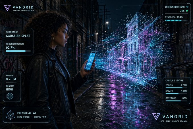A Vangrid advertisement showing a woman using a smartphone to scan an environment, with HUD elements displaying 'SCAN MODE: GAUSSIAN SPLAT', 'RECONSTRUCTION 92.7%', 'POINTS 8.73M', and other technical data.