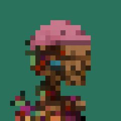 A pixel art character with a pink hat and colorful details stands against a solid green background.