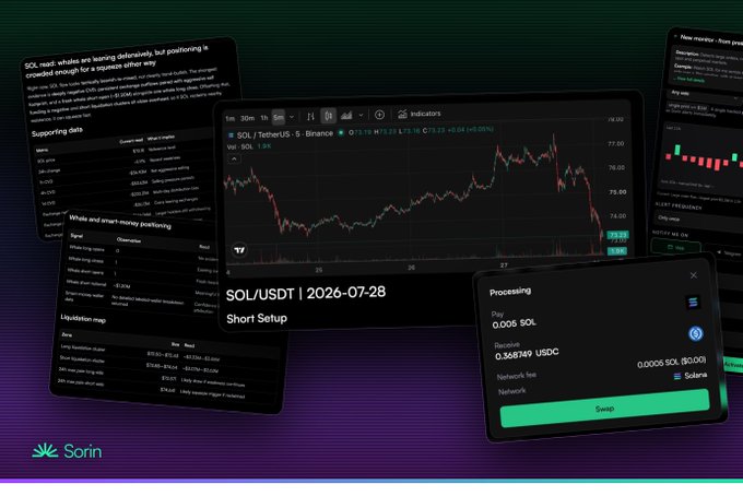 A dark-themed promotional graphic for Sorin AI showcasing multiple interface panels, including a SOL/USDT price chart dated 2026-07-28 marked as "Short Setup," a Processing transaction screen showing 0.005 SOL buy orders, and whale tracking data, illustrating the platform's natural language crypto research and trading capabilities.