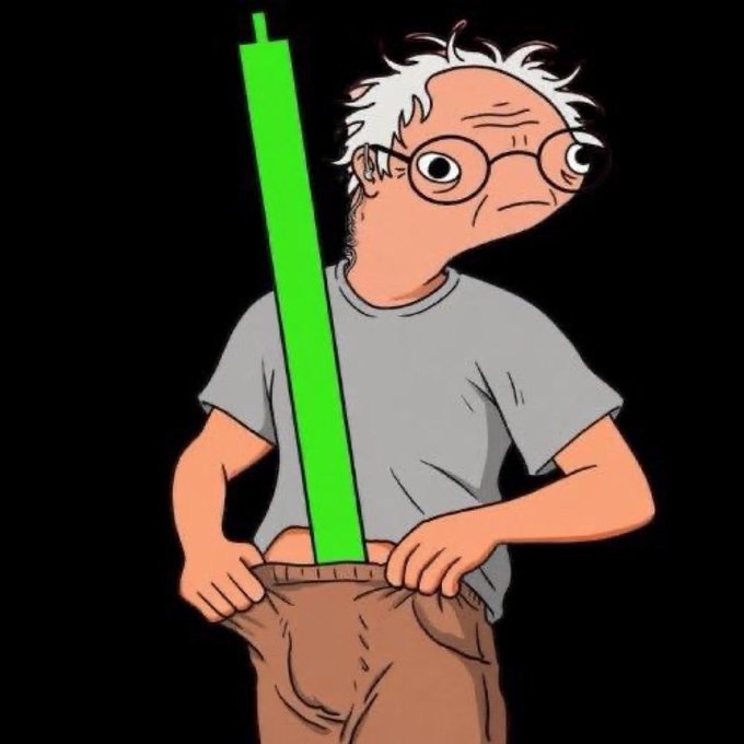 A cartoon illustration of an elderly man with glasses pulling out his empty pockets to reveal a green vertical bar/candlestick chart rising upward, symbolizing depleted finances.