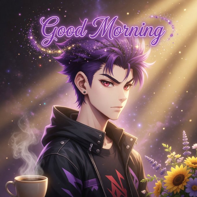 The image features a young man with purple hair, dressed in black clothing, holding a cup of coffee and surrounded by flowers. The background includes stars and a glowing light, creating an atmosphere that suggests a morning scene or a special occasion. The caption reads "Good morning @useTria feels focused on one thing most web3 apps still ignore: simplicity". This statement emphasizes the importance of simplicity in web3 applications for everyday users who may not be familiar with blockchain technology.