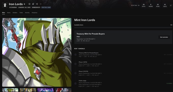 The image shows a page for "Mint Iron Lords" NFT collection, featuring a hooded skeleton character with a green cloak, alongside mint schedule details including a 0.25 ETH mint price for Phase 1 (GDT+) and public stages scheduled for September 1st. The page displays 101 supply availability and 28 days remaining for minting, connecting to the post's announcement about the upcoming OpenSea release with a 0.25 ETH mint price and 101 supply.