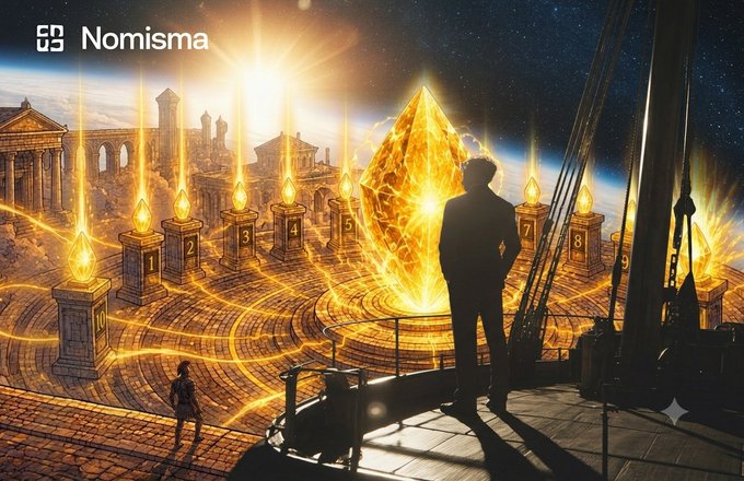 A fantasy digital artwork featuring a silhouetted figure overlooking an ancient ruins illuminated with glowing golden orbs, centered around a massive glowing crystal, with the text 'Nomisma' displayed.
