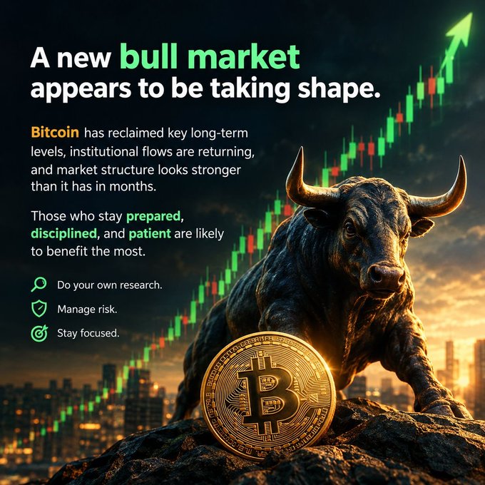 A promotional graphic stating 'A new bull market appears to be taking shape,' discussing Bitcoin's reclaimed levels, institutional flows, and featuring a bull statue, Bitcoin token, and a green candlestick chart trending upward.
