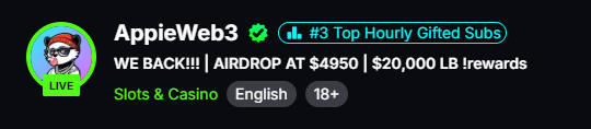 Twitch-style stream banner for "AppieWeb3" featuring clown imagery, advertising "WE BACK!!! AIRDROP AT $4950" with $20,000 in rewards and 18+ Slots & Casino content.