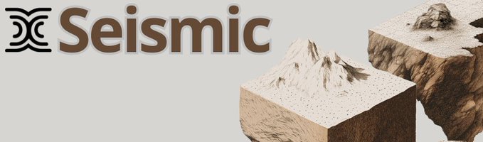 A logo for 'Seismic' displayed next to a 3D illustration showing a section of earth split apart, revealing a mountain on one side and a rock with a fossil-like shape on the other.