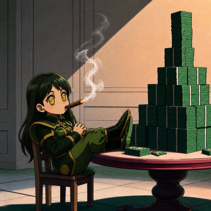 An anime-style illustration of a green-haired character with dollar-sign eyes smoking a cigar, sitting at a table next to a tall pyramid stack of money.