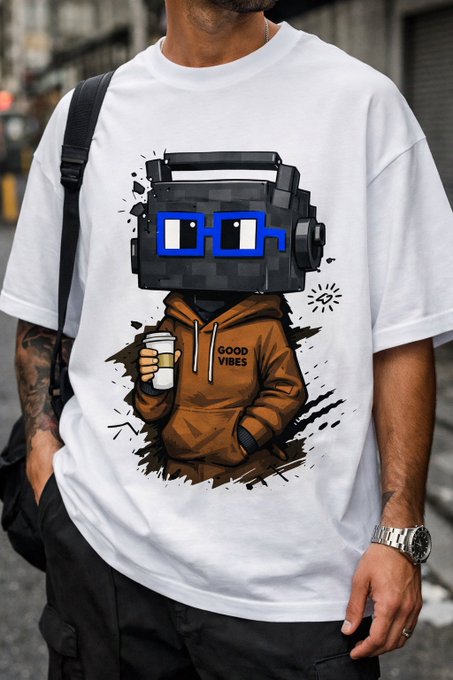 A person wearing a white t-shirt featuring a graphic of a character with a robotic head and 'GOOD VIBES' text, holding a coffee cup.