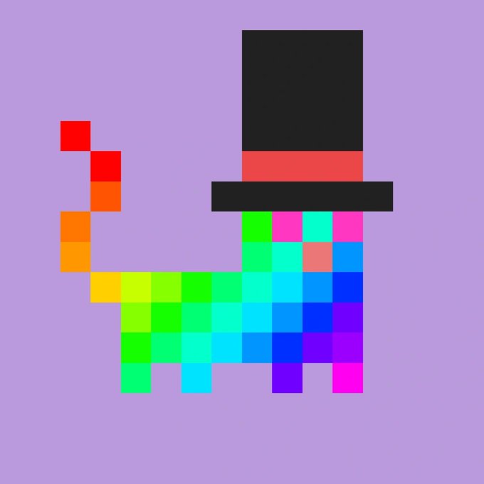 A pixel art illustration of a cat with a rainbow-colored body and a black top hat with a red band, set against a light purple background.