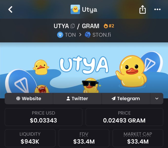 The image shows a mobile interface for the UTYA token on the TON/STON.fi exchange, displaying key metrics including a $0.03343 price, $943K liquidity, and a $33.4M market cap alongside duck-themed branding. This aligns with the post discussing the user's accumulation of $UTYA at its current $33M market cap, following its notable pump from $4M to $61M.
