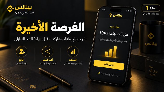 A Binance Arabic promotional graphic for Q4 featuring a smartphone displaying "هل أنت حائز لـ؟" (Are you a winner?) alongside a gold bar chart, with the headline "الفرصة الأخيرة" (The Last Chance) highlighting that today is the final day to add a post for the Uptober Countdown.
