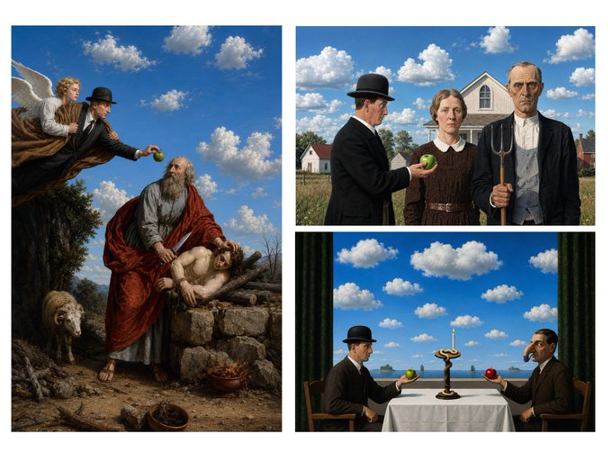 A three-panel surrealist painting featuring classical religious imagery of an angel offering an apple, alongside modern scenes including the American Gothic couple and figures reminiscent of Magritte's art exchanging apples at a table.