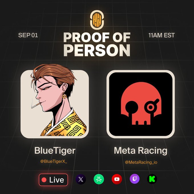The image is a promotional graphic for a "Proof of Person" livestream scheduled for September 1st at 11AM EST, featuring BlueTiger (@BlueTigerX_) and Meta Racing (@MetaRacing_io), with the event set to be streamed live across multiple platforms including X, YouTube, and Twitch, aligning with the post announcing the @popshowxyz EP50 episode about the Solana-based racing game.