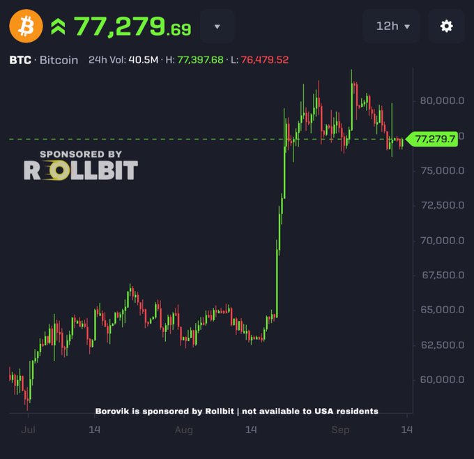 A Bitcoin price chart shows BTC trading at 77,279.69, displaying a significant price increase in green candles followed by volatility. The chart includes text: 'SPONSORED BY ROLLBIT' and 'Borovik is sponsored by Rollbit | not available to USA residents'.