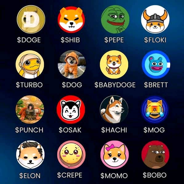 A grid displaying various meme coin logos and tickers, including $DOGE, $SHIB, $PEPE, $FLOKI, $TURBO, $DOG, $BABYDOGE, $BRETT, $PUNCH, $OSAK, $HACHI, $MOG, $ELON, $CREPE, $MOMO, and $BOBO.