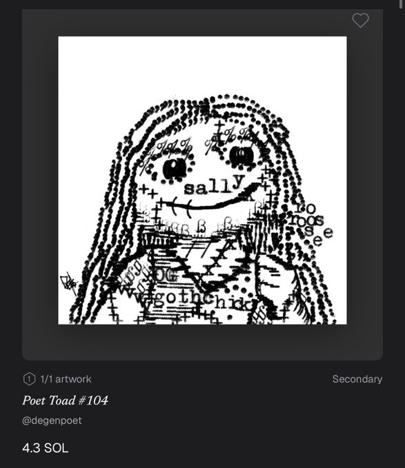 A black-and-white ASCII/typographic art piece titled 'Poet Toad #104' by @degenpoet, priced at 4.3 SOL, depicting a frog-like figure composed of scattered text characters including 'sally', 'goth', and 'b a b r'.