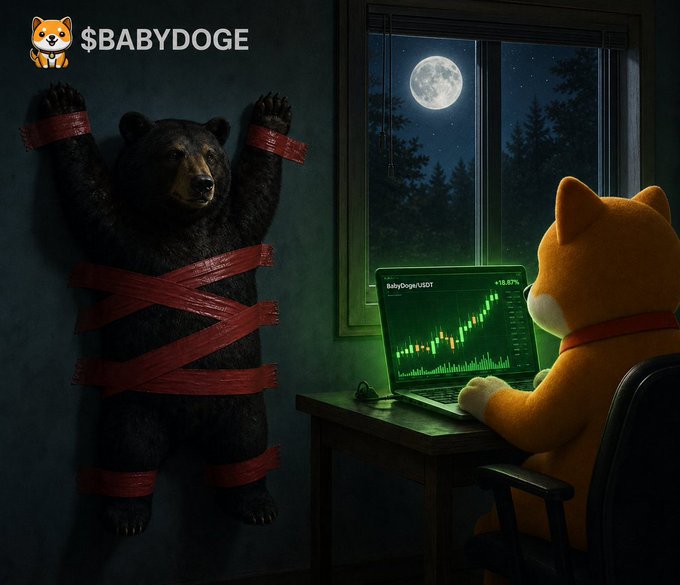 A $BABYDOGE scene showing the Shiba Inu character watching a green candlestick chart rising on a laptop while a large bear is taped to the wall with red tape.