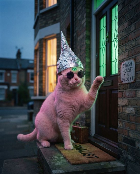 An AI-generated image of a pink cat wearing round sunglasses and a tinfoil hat with a glowing green third eye, waving from a doorstep with a 'STASH HOUSE: THU 14:00 ET' sign on the wall and a doormat reading 'SUSPECT'.