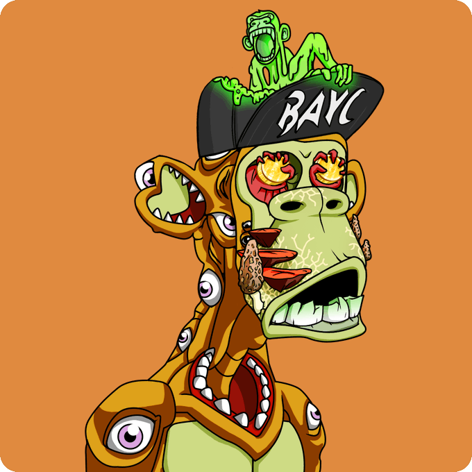 A cartoon illustration of a mutant ape character with multiple eyes, extra mouths, and a cap labeled "BAYC" with a smaller green zombie ape on top, set against an orange background.