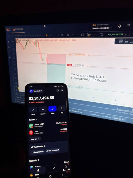 Photo of a phone displaying a Trust Wallet cryptocurrency portfolio showing a balance of $2,317,494.55 with Tether USDT holdings, positioned in front of a computer monitor showing a Bitcoin (XAUUSD) trading chart on what appears to be TradingView.
