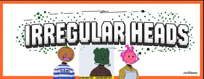 An animated banner for 'IRREGULAR HEADS' showing three cartoon characters with pumpkin, green head, and pink hair designs, featuring 'CAUTION KEEP OUT' text and the watermark 'Jxx3lSpexy'.