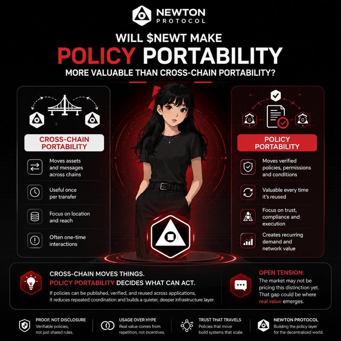 An infographic from 'NEWTON PROTOCOL' posing the question 'WILL $NEWT MAKE POLICY PORTABILITY MORE VALUABLE THAN CROSS-CHAIN PORTABILITY?' comparing the two concepts alongside an anime-style female character.