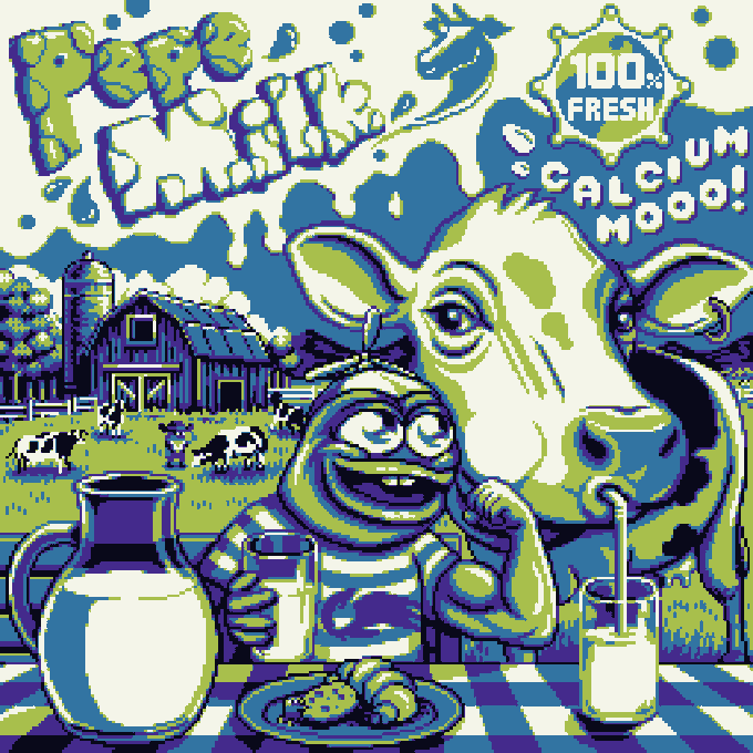 A pixel art-style promotional image features a green character joyfully drinking milk alongside a large cow, with text reading "Mooo Drink," "100% FRESH," and "CALCIUM MOOO!" The retro 8-bit aesthetic ties into the countdown for Day #1085 of the Milk Poster mint on basepaint.xyz.