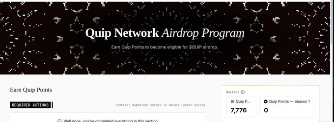 A screenshot of the 'Quip Network Airdrop Program' webpage showing a Quip Points balance of 7,776 and 0 Season 1 points, indicating all required actions are complete.