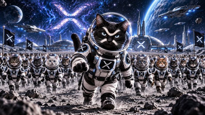 A sci-fi image of an army of cats in astronaut suits with X logo helmets marching on a lunar surface, with spaceships and an X-shaped nebula in the background.