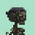 A small pixel art character with dark hair and a dark outfit against a light teal background.