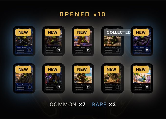 A gaming screen displaying "OPENED ×10" with a collection of 10 card packs, marked as "COMMON ×7" and "RARE ×3", with most packs labeled "NEW" and one "COLLECTED".
