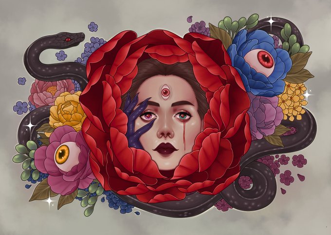A surreal digital illustration titled "Veil of the All-Seeing Bloom" featuring a pale woman with a third eye, framed within a deep red rose surrounded by watchful snakes and eyeball-like flowers, evoking themes of mysticism and omniscience. The striking piece captures the esoteric beauty referenced in the Tezos NFT listing on Objkt.