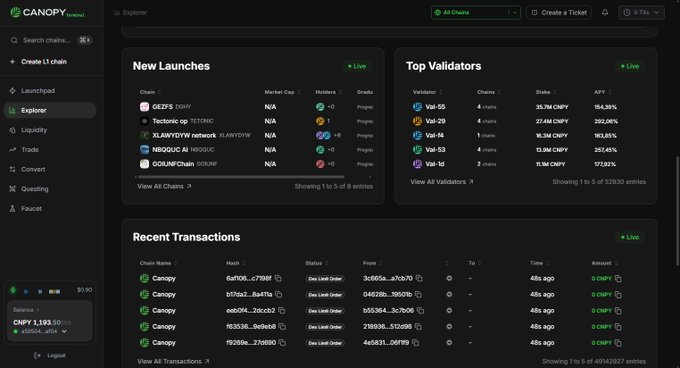 A dark-themed dashboard for 'Canopy' showing sections like New Launches (featuring tokens like GEFS, Tectonic op, XLAWYDW, NEOGUC AI, OGUNI), Top Validators (Val-55, Val-29, Val-14, Val-53, Val-1d), and Recent Transactions of CNPY tokens.