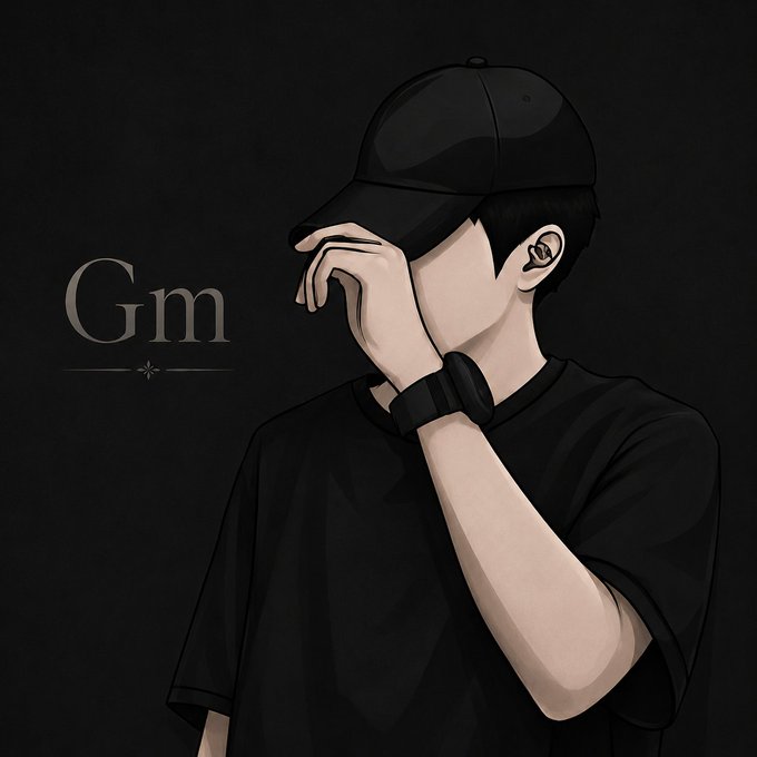 An anime-style illustration of a person wearing a black cap and black t-shirt with their hand covering their face, set against a dark background with the text 'Gm' on the left.