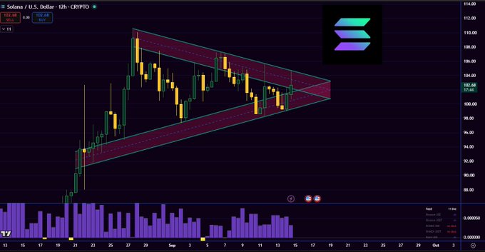 A financial candlestick chart of Solana/U.S. Dollar (SOL/USD) on a 12-hour timeframe showing a descending triangle pattern with price around $102.68, dated September, with the Solana logo in the upper right corner.