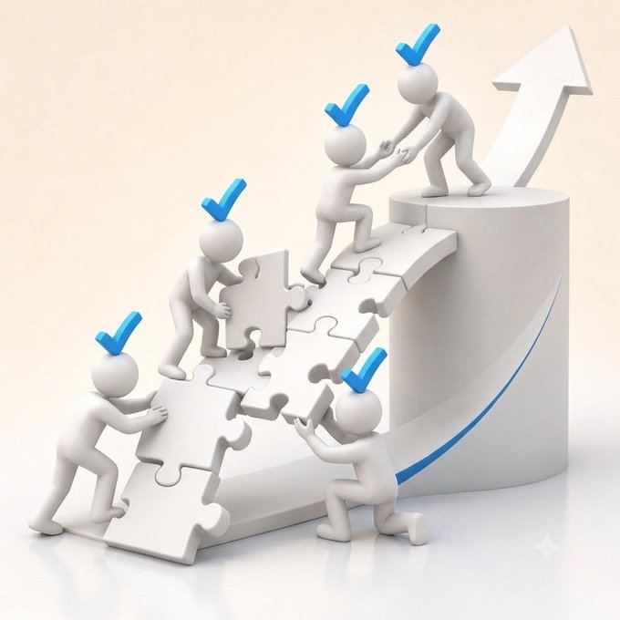 A 3D illustration shows white cartoon figures with blue checkmarks climbing a staircase made of puzzle pieces alongside an upward-pointing arrow.
