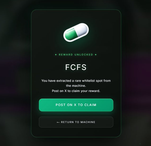 The image shows a "Reward Unlocked" notification featuring a glowing green pill icon, displaying "FCFS" text with a message confirming a rare whitelist spot has been extracted, along with a green "POST ON X TO CLAIM" button and a "RETURN TO MACHINE" option. This serves as a visual confirmation of winning the BLNK FCFS whitelist spot mentioned in the accompanying post.