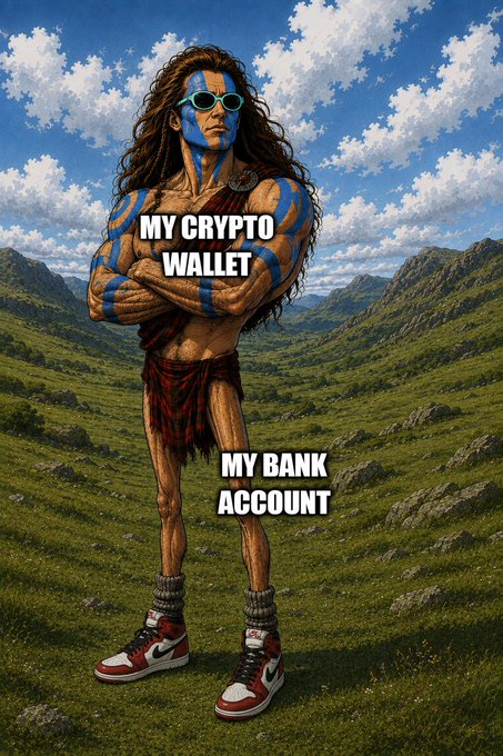 A meme image of a muscular barbarian-like figure with blue war paint, sunglasses, and sneakers standing in a grassy landscape, with text labels reading 'MY CRYPTO WALLET' on his chest and 'MY BANK ACCOUNT' near his legs.