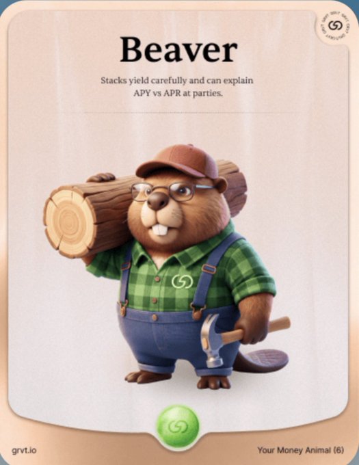 A stylized trading card titled 'Beaver' features a 3D-rendered beaver wearing a green plaid shirt, blue overalls, glasses, and a cap while carrying a log, with text reading 'Stacks yield carefully and can explain APY vs APR at parties.'