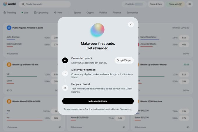 The image shows a "World" prediction market platform interface with a pop-up prompting users to "Make your first trade. Get rewarded," displaying a three-step guide to connect X (@BTCbuyoe), complete a first trade, and receive a reward, against a backdrop of markets like "Public Figures Arrested in 2026" featuring John Brennan, Mahmoud Khalil, and Karen Khachenkov.
