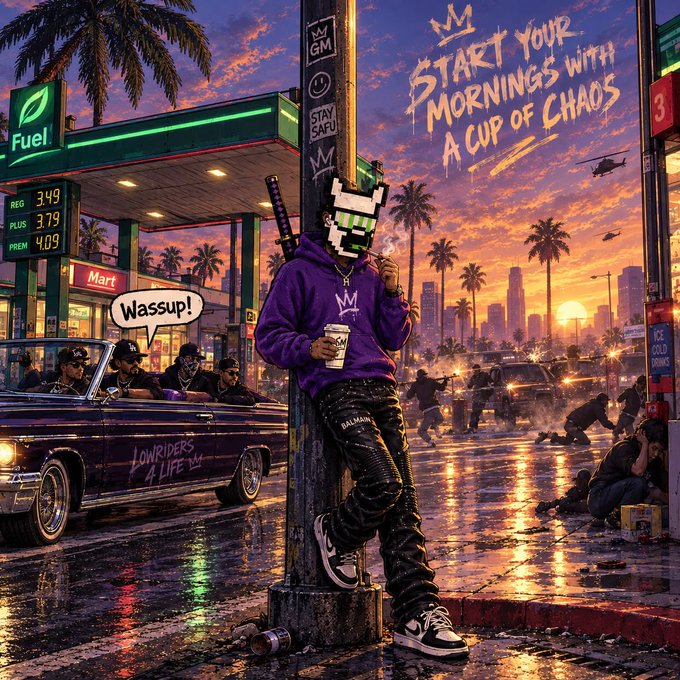 An urban illustration depicting a person with pixelated green glasses wearing a purple 'GM' hoodie and Balmain pants, holding a coffee cup at a gas station with a lowrider car and chaotic city scene in the background, captioned 'START YOUR MORNINGS WITH A CUP OF CHAOS'.