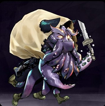 A fantasy illustration of a purple, multi-tentacled creature carrying a large sack over its shoulder and holding a sword, set against a dark background.