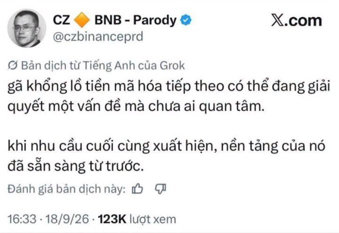 A parody X (Twitter) post from 'CZ 🔶 BNB - Parody @czbinanceprd' with Vietnamese text discussing crypto whales potentially solving an unsolved problem, dated 18/9/26 with 123K views.