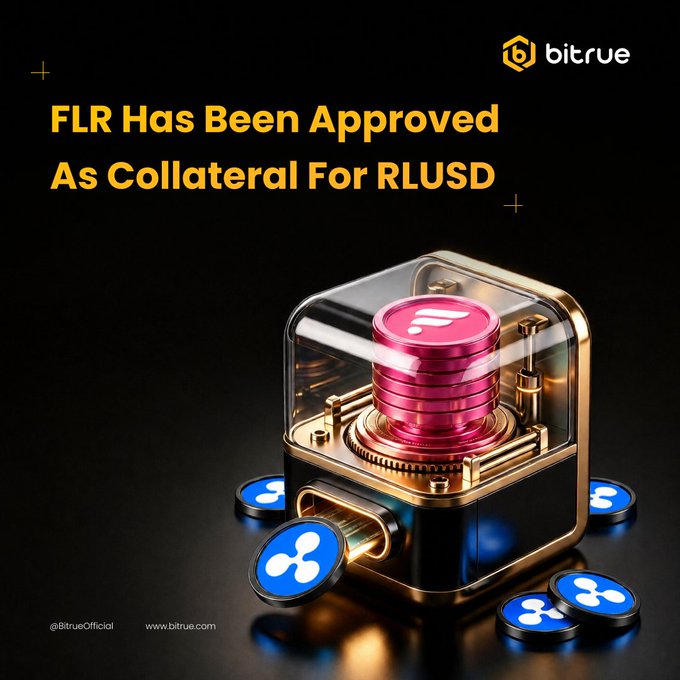 Bitrue announces that FLR (Flare) has been approved as collateral for RLUSD, visualized by glowing pink FLR coins stacked in a secure vault surrounded by blue XRP tokens. The image reinforces the post's claim by highlighting Bitrue as the second exchange to support FLR as RLUSD collateral, with the XRP imagery symbolizing Ripple's connection to the partnership.