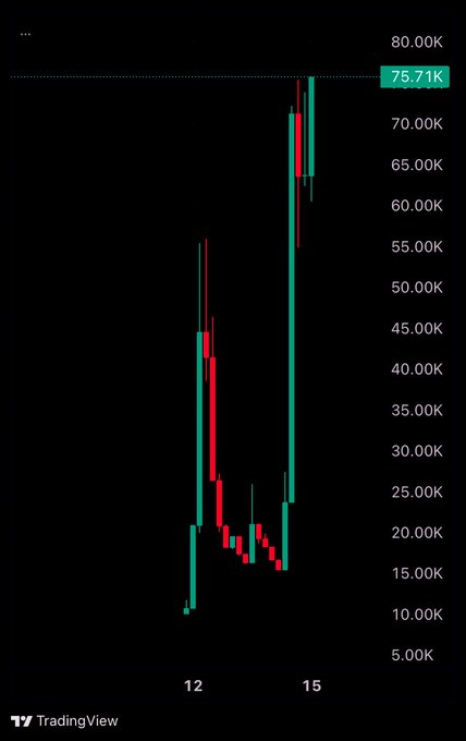 A TradingView candlestick chart shows $POOLBOT's price surging from around $10K to a current value of 75.71K between days 12 and 15, with extreme volatility and large green candles indicating the dramatic upward movement referenced in the post.