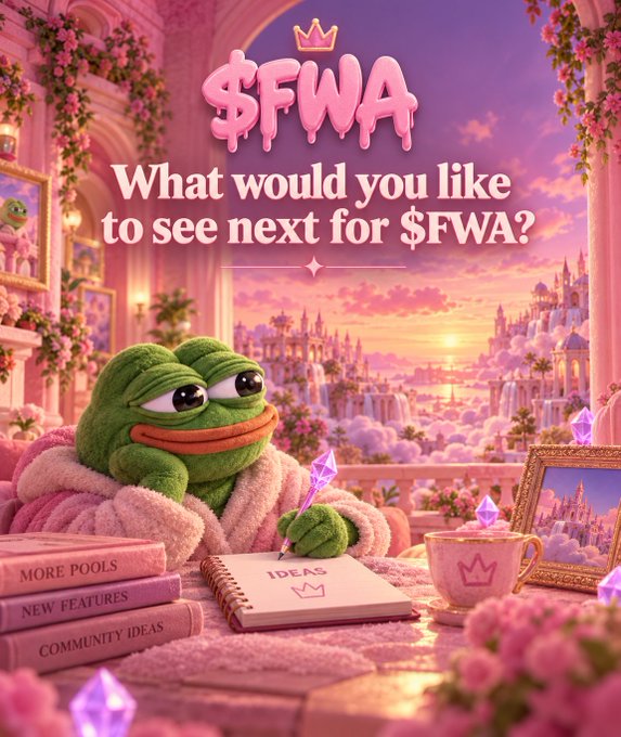 A digital illustration shows a Pepe the Frog character in a pink robe writing in a notebook, with text reading "$FWA - What would you like to see next for $FWA?" alongside books labeled "MORE POOLS," "NEW FEATURES," and "COMMUNITY IDEAS."