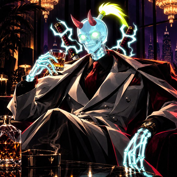 A skeletal figure with red horns, a flaming head, and a glass of whiskey sits in a suit at a luxury lounge with a city skyline in the background, embodying the exclusive, high-society vibe of the "TopFloorFun" collaboration announcement offering 888 free mints and 1/1 collectibles.