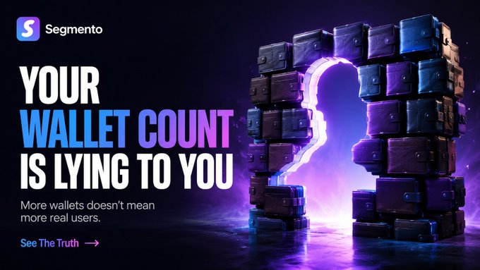 A dark purple promotional graphic for 'Segmento' features the headline 'YOUR WALLET COUNT IS LYING TO YOU' alongside an archway constructed of dark blocks.