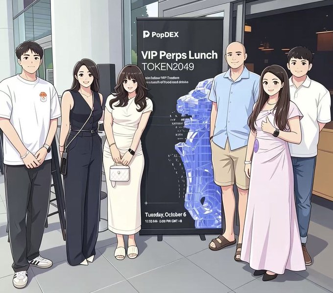 An animated illustration shows a group of six people posing in front of a "PopDEX VIP Perps Lunch TOKEN2049" digital banner displaying "Tuesday, October 6," symbolizing the speaker's return to Singapore's TOKEN2049 crypto conference—this time represented as a participant with projects in the Perp DEX space rather than just a VC scout.

Caption: Attendees pose before a PopDEX VIP Perps Lunch banner at TOKEN2049 Singapore, reflecting the speaker's third consecutive year at the conference, now engaging with Perp DEX industry peers.