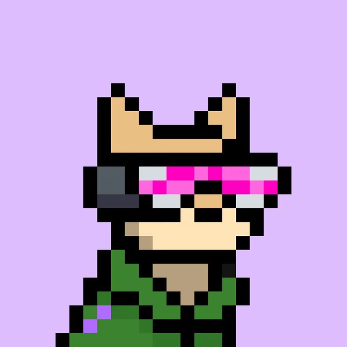 A pixel art character with yellow ears, pink visor, and green outfit against a purple background.
